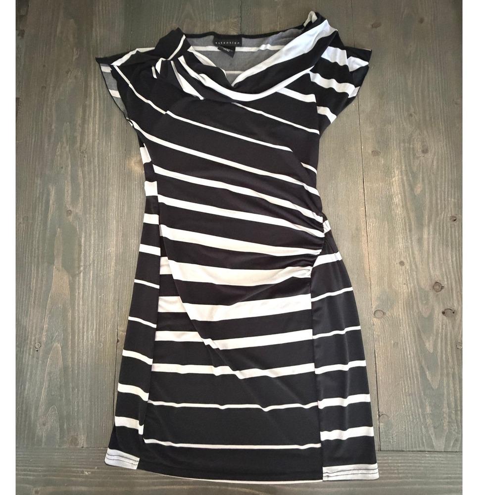 Attention Womens Black White Striped Cowl Neck Ruched Sheath Dress XS 3012 - Picture 2 of 9
